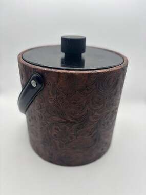 Vintage Irvinware Brown Faux Tooled Leather Embossed Ice Bucket